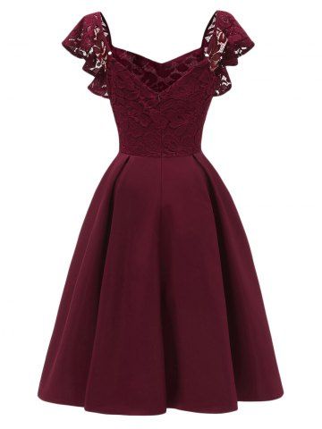 

Sweetheart Neck Lace Fit and Flare Dress, Red wine