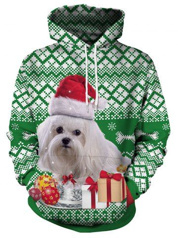 Christmas Dog and Gift Print Pullover Hoodie - GREEN - M