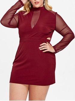 Mesh Panel Plus Size Side Cut Out Dress - RED WINE - L
