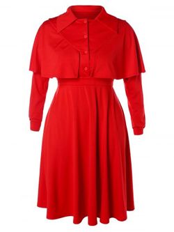 Plus Size High Waist Midi Capelet Dress - RED - 1X