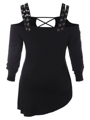 

Plus Size Criss Cross Cold Shoulder Irregular T-shirt, Black