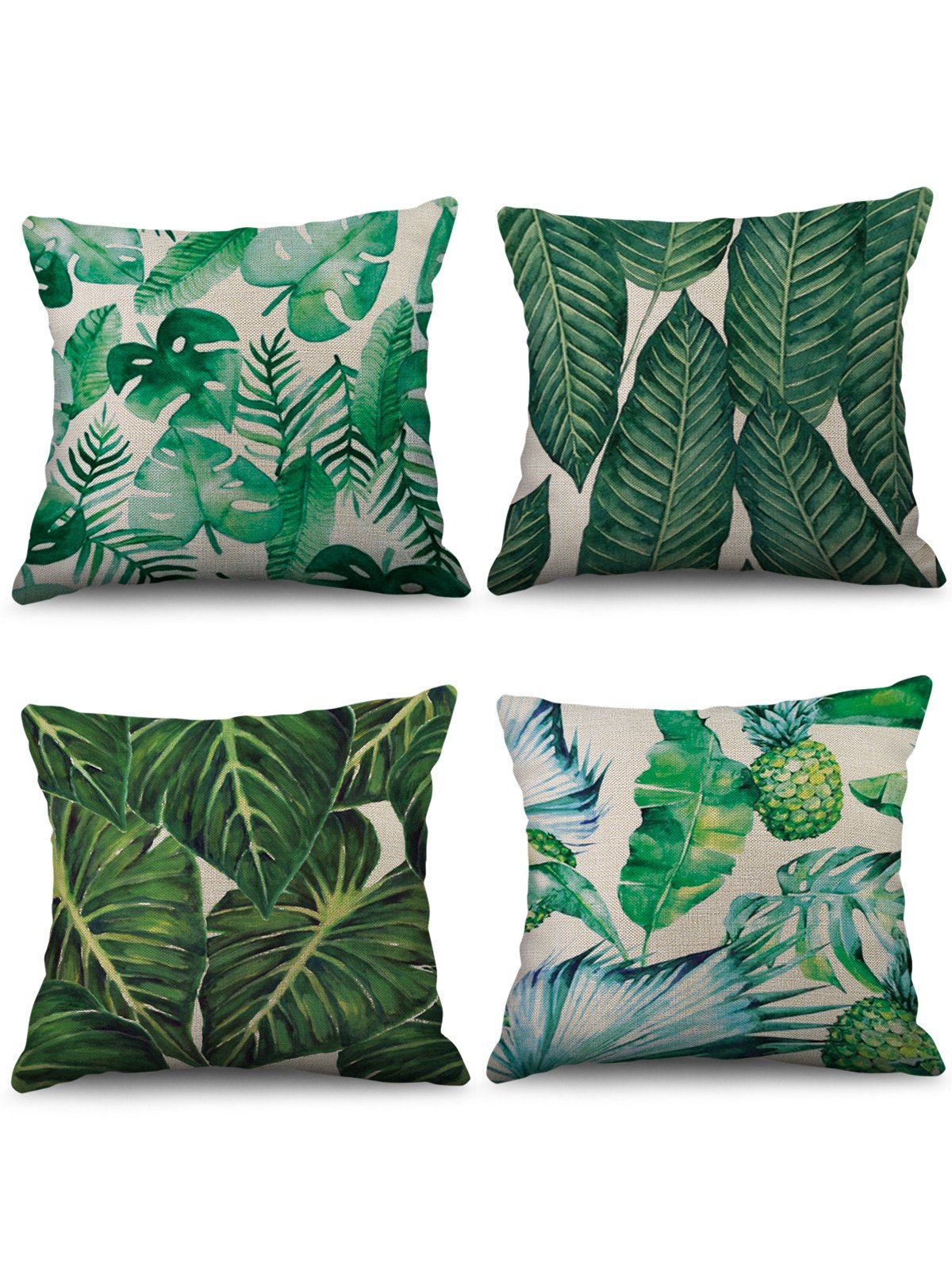 

4 Pcs Tropical Leaf Print Linen Pillowcases Set, Green