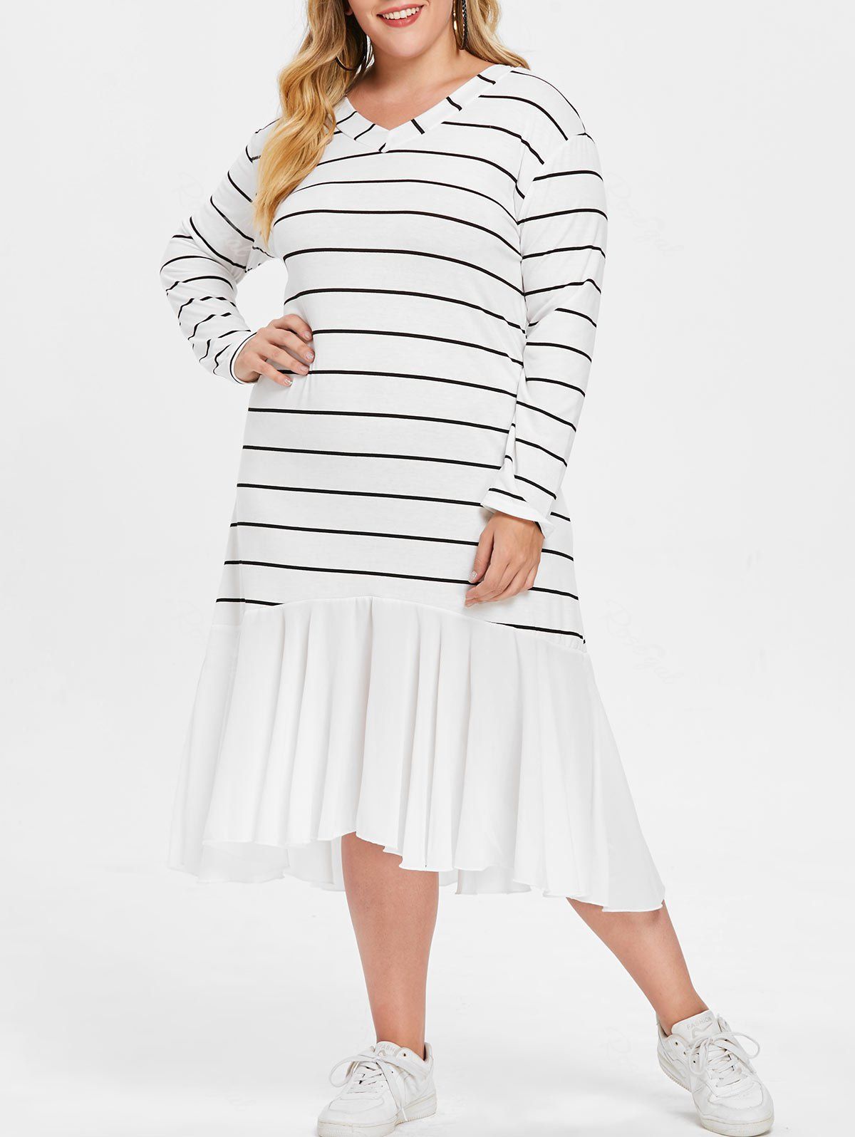 

Striped Panel Plus Size Knee Length Dress, White