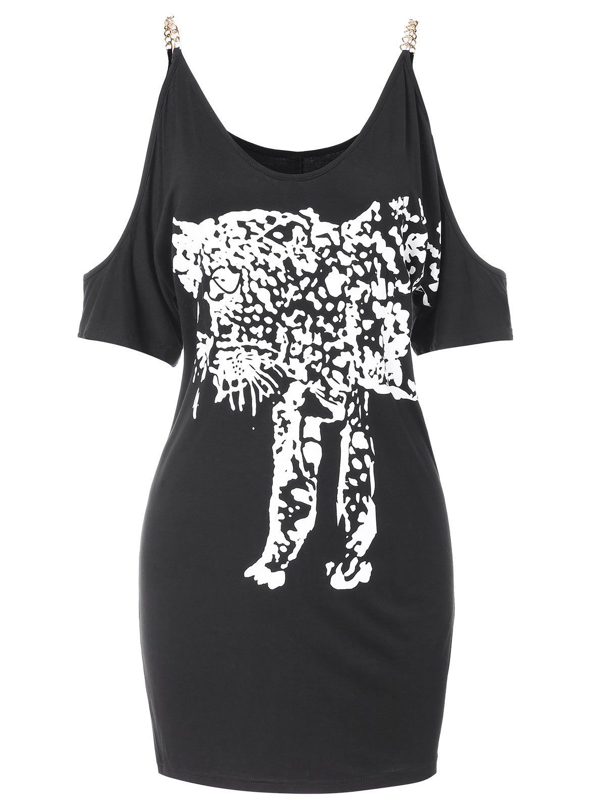 

Leopard Print Cut Out Shoulder Slim Dress, Black