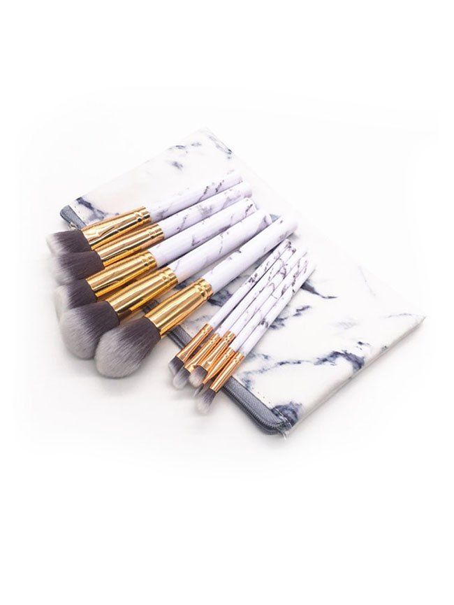 

10 Pcs Marble Handles Fiber Cosmetic Brush Set with Bag, White