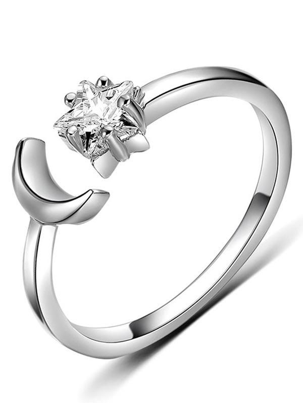 

Rhinestone Inlaid Flower Moon Design Ring, Silver