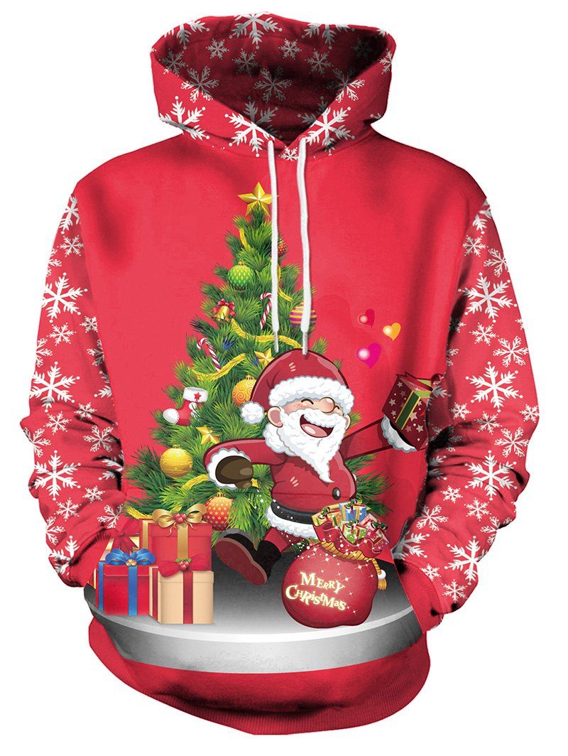 

Christmas Santa and Tree Print Pullover Hoodie, Red