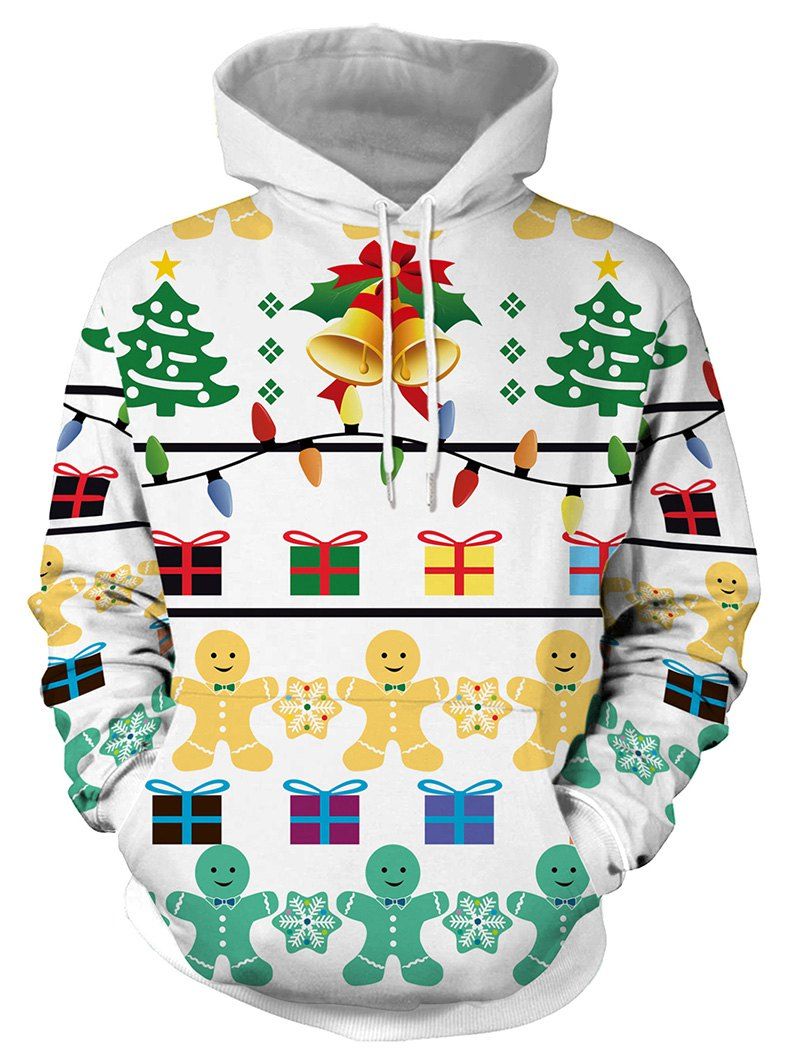

Christmas Gift and Bell Print Pullover Hoodie, White