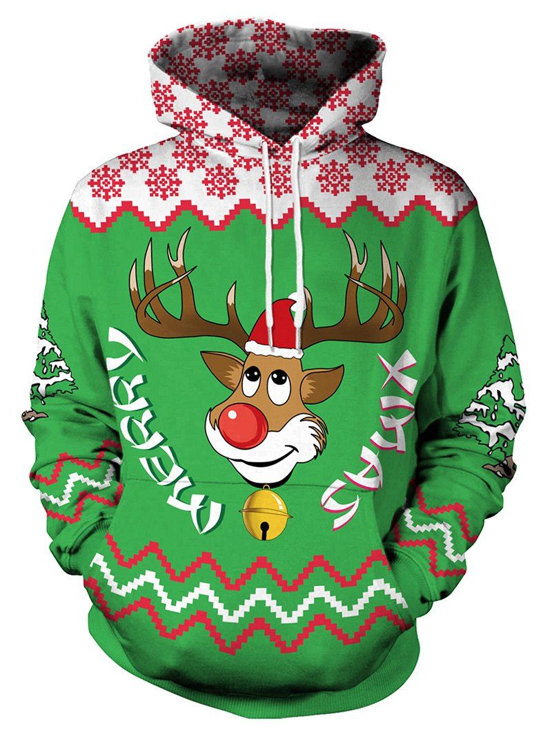 

Long Sleeve Christmas Reindeer Print Hoodie, Green