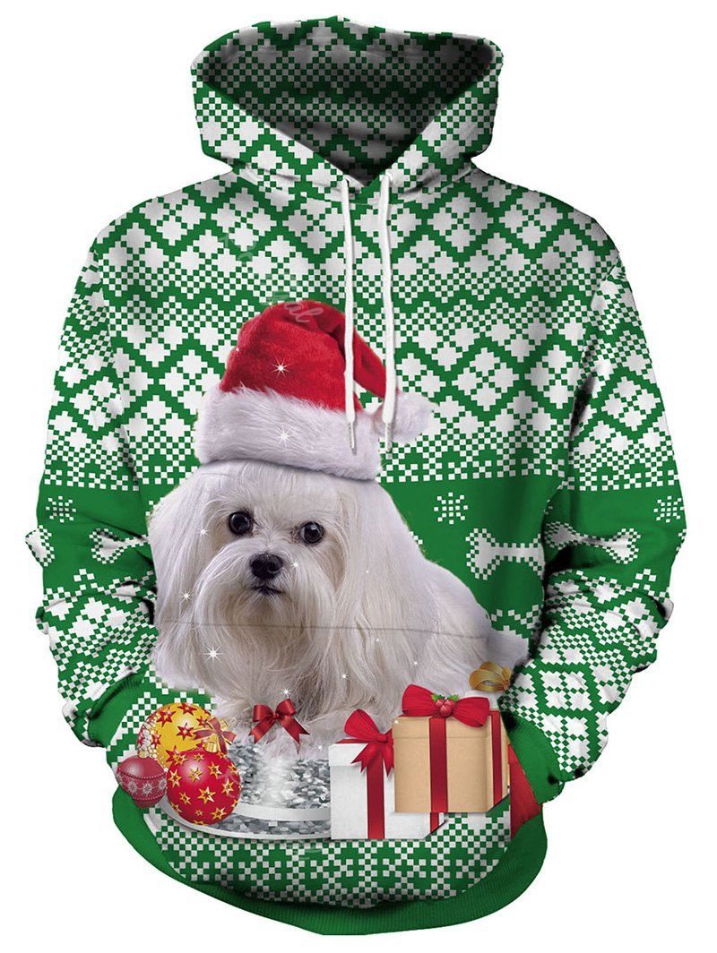

Christmas Dog and Gift Print Pullover Hoodie, Green