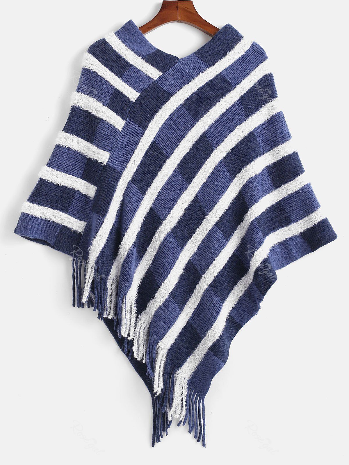 

Plus Size V Neck Sweater Cape with Fringe, Blue