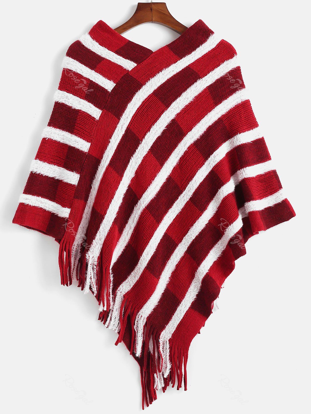

Plus Size V Neck Sweater Cape with Fringe, Red