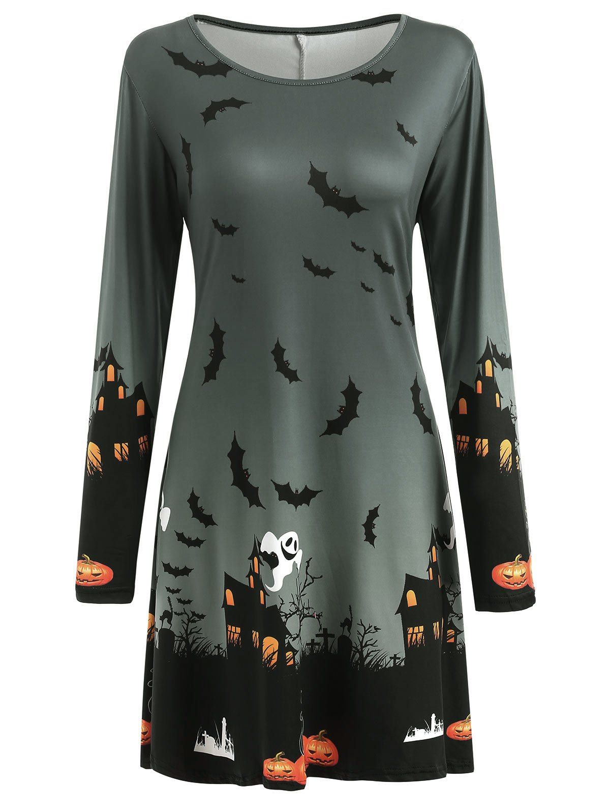 

Halloween Print Long Sleeve A Line Dress, Battleship gray