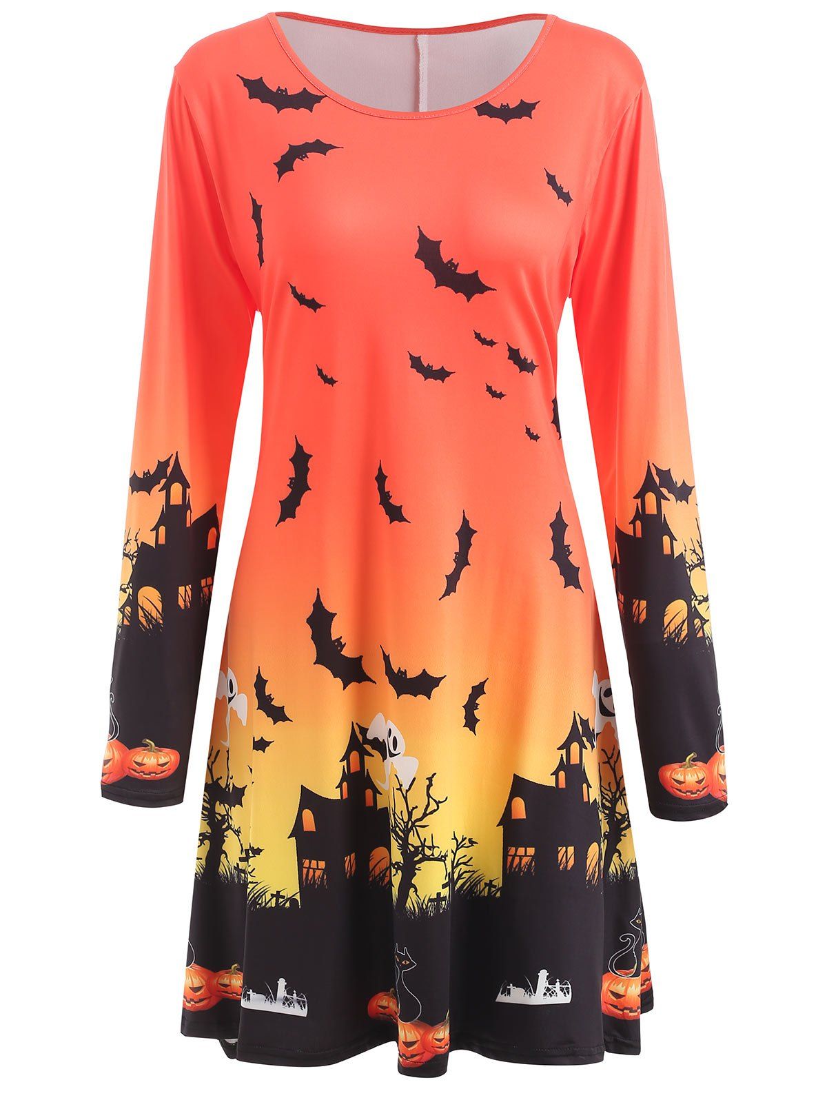 

Halloween Print Long Sleeve A Line Dress, Orange
