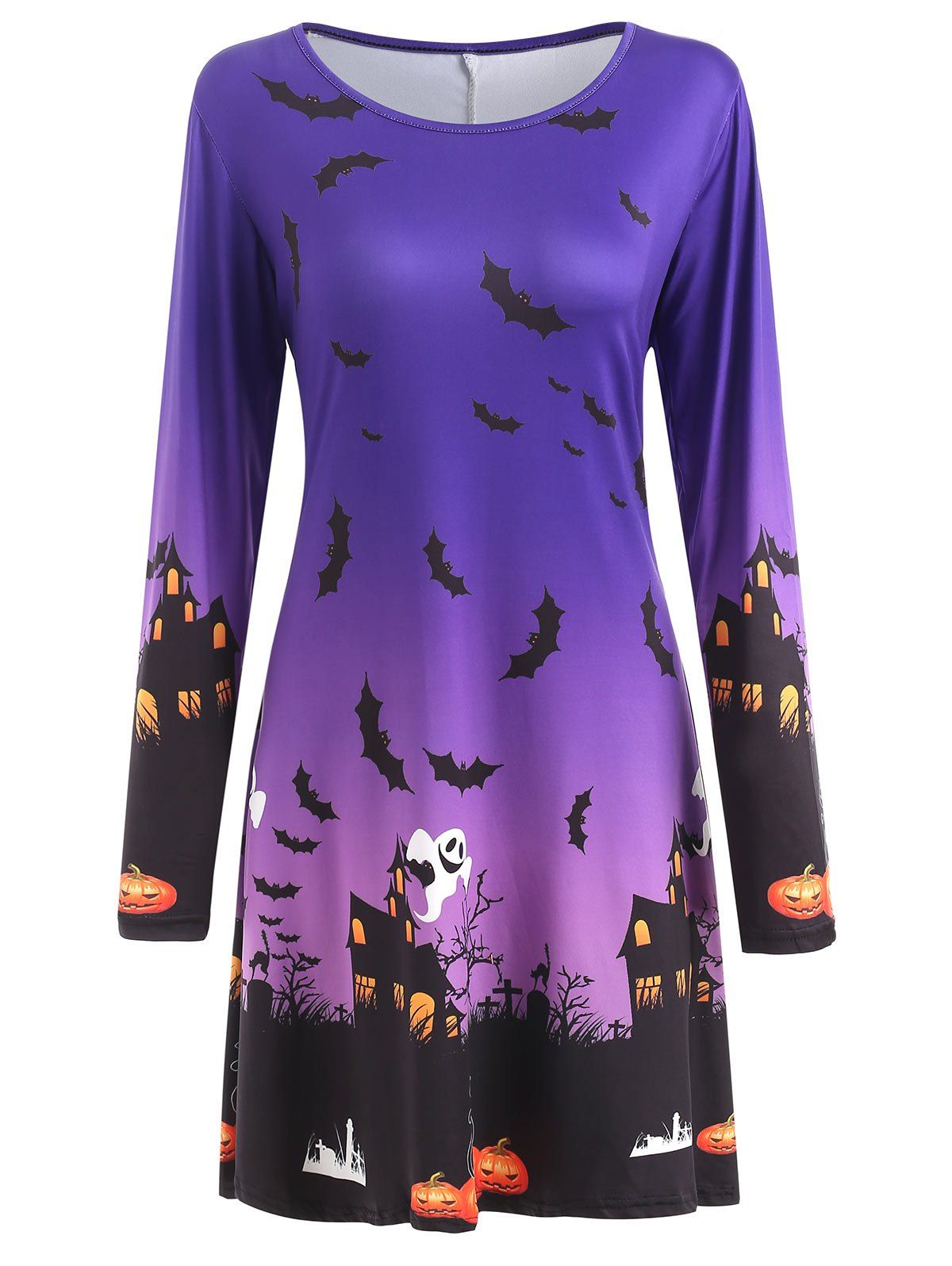 

Halloween Print Long Sleeve A Line Dress, Purple
