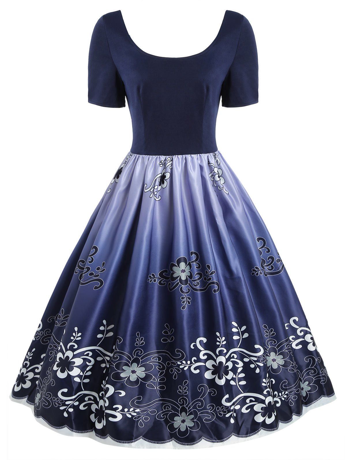 

Floral Print A Line High Waist Dress, Midnight blue