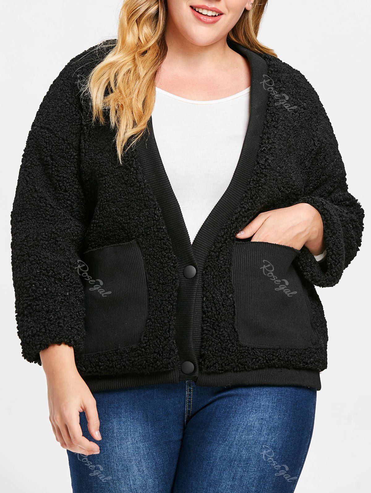 Front Pockets Plus Size Faux Fur Jacket, Black