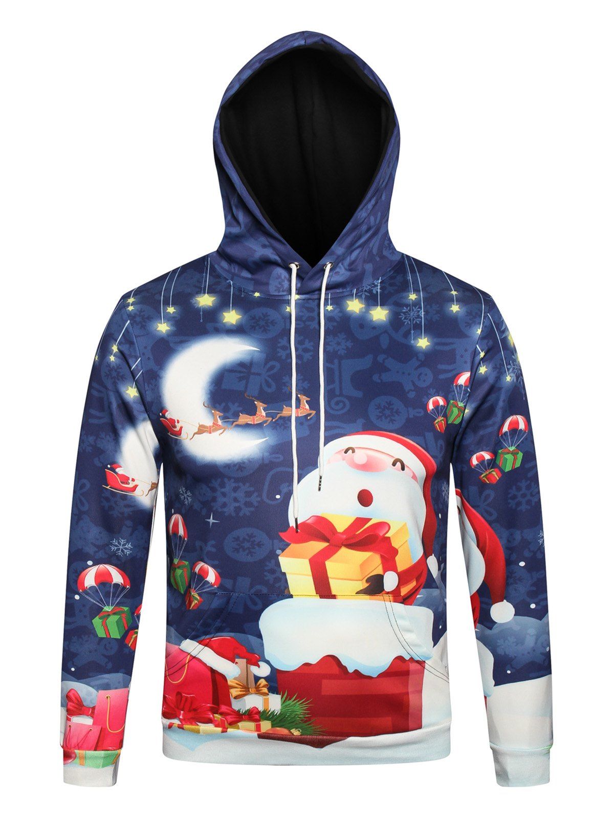 

Christmas Santa and Gift Print Hoodie, Blue