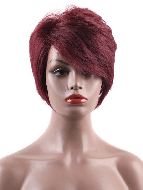 

Inclined Bang Short Layered Straight Capless Human Hair Wig, Red wine