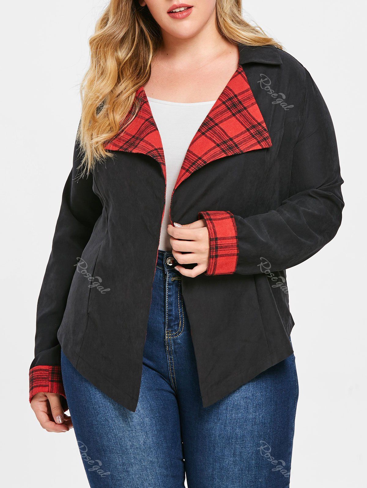 Outfits Plus Size Plaid Insert Open Front Jacket  