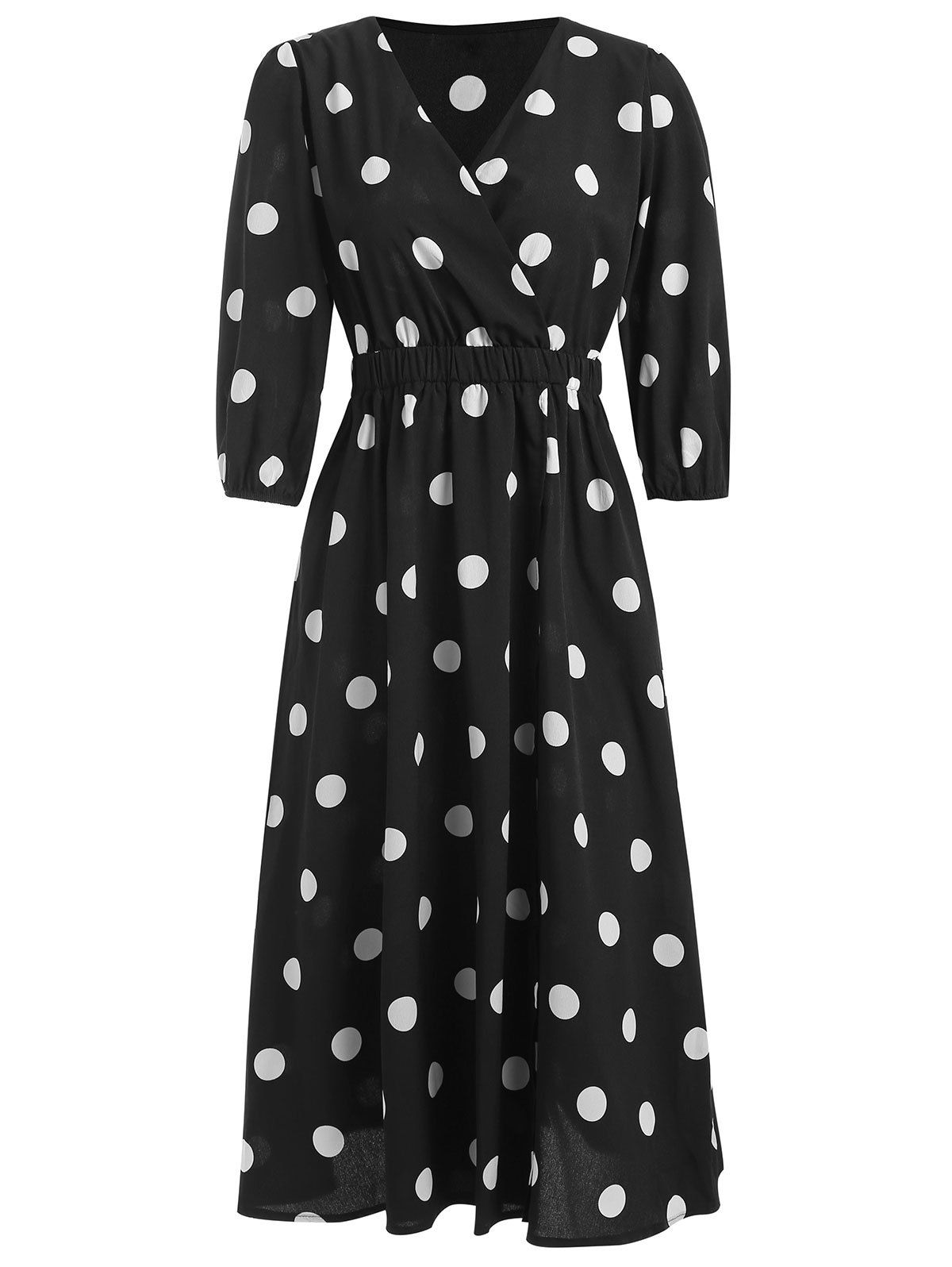 

High Waist Polka Dot Surplice Dress, Black