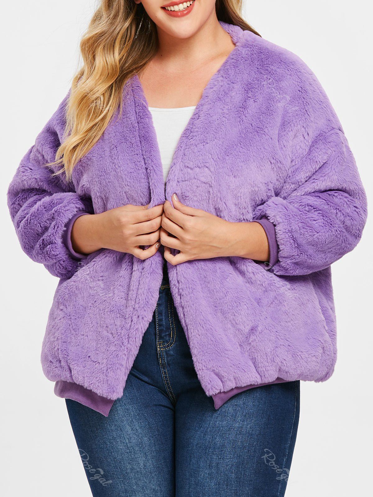 

Faux Fur Plus Size Drop Shoulder Jacket, Purple mimosa