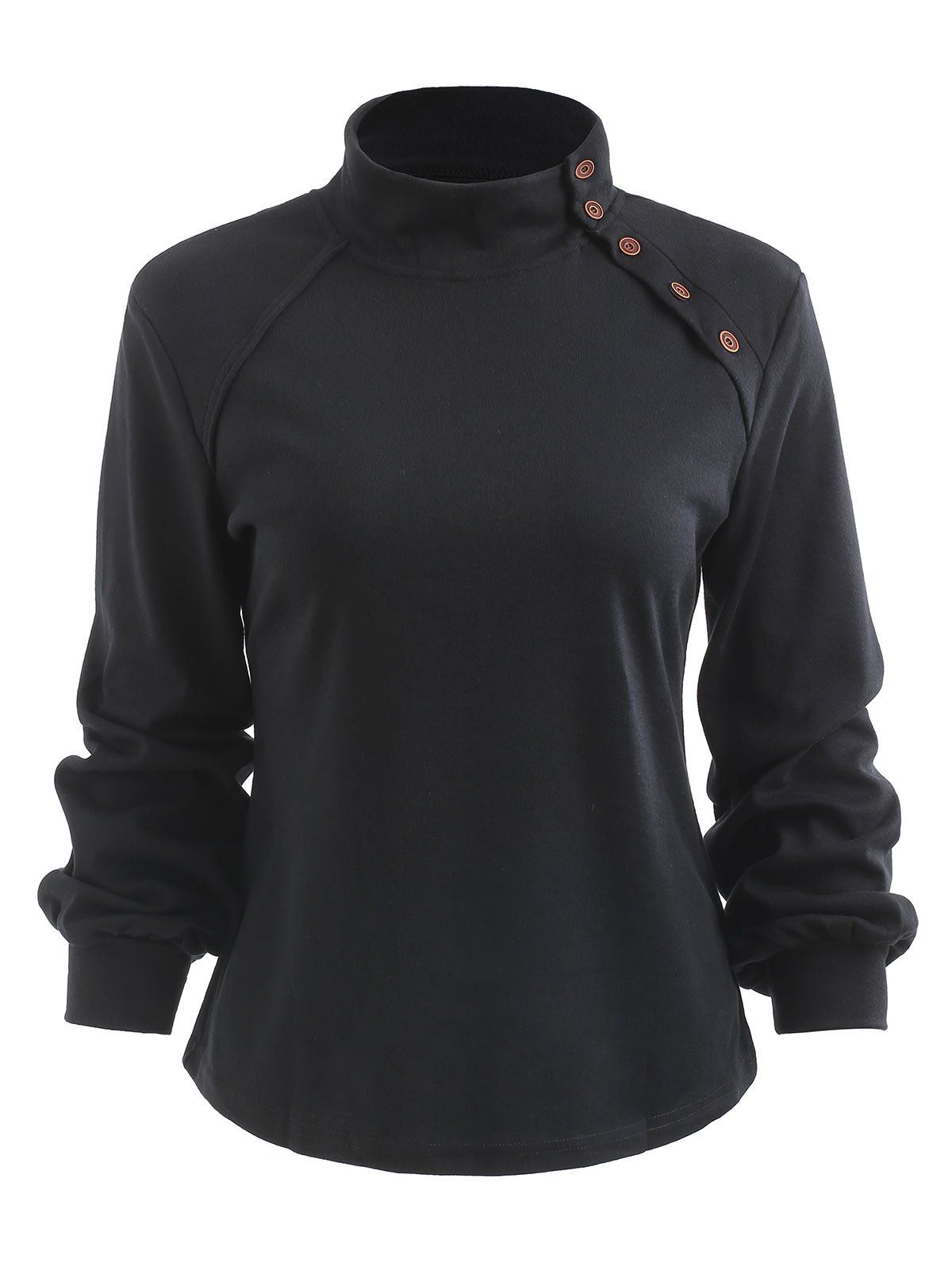 

Asymmetrical Button High Neck T Shirt, Black