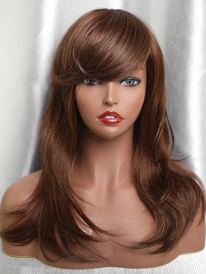 

Long Inclined Bang Natural Straight Human Hair Wig, Brown