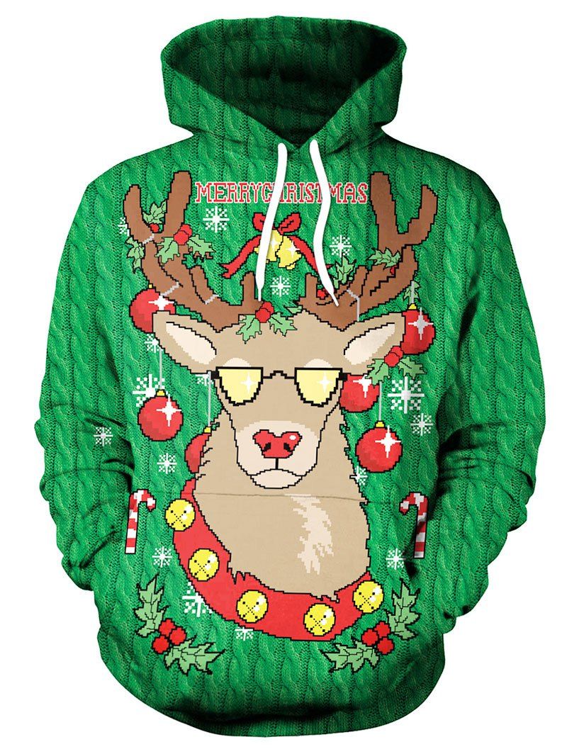 

Drawstring Christmas Elk Print Hoodie, Green