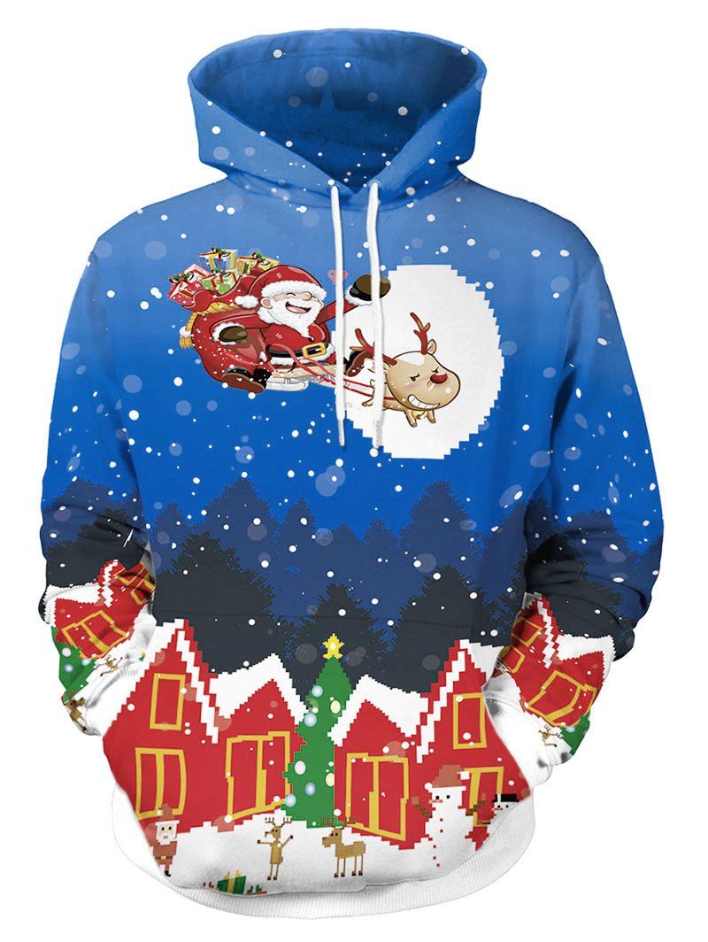 

Christmas Santa and Gift Print Drawstring Hoodie, Blue