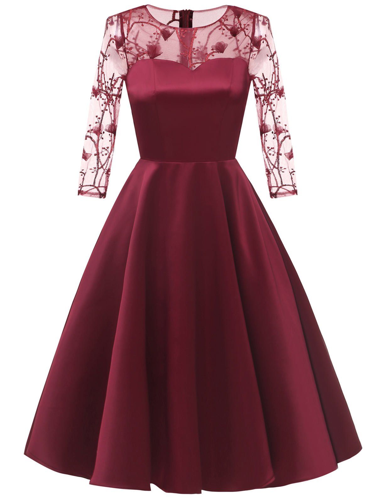 

Sheer Embroidered Mesh Panel Cocktail Dress, Red wine