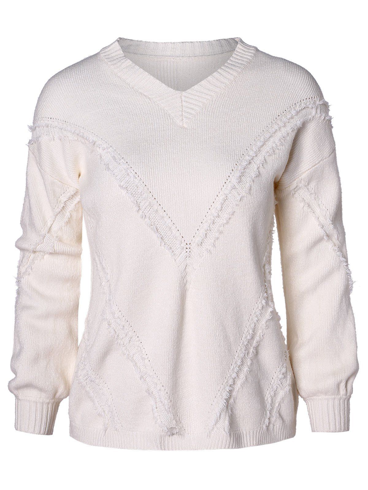 

V Neck Frayed Knitwear, Milk white