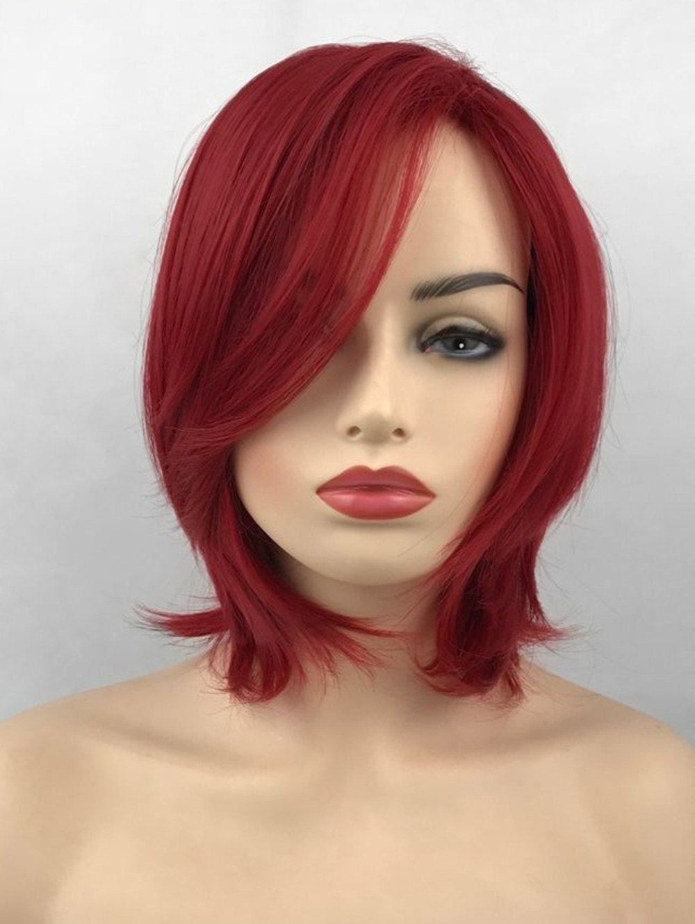 

Short Side Bang Straight Party Heat Resistant Synthetic Wig, Cherry red
