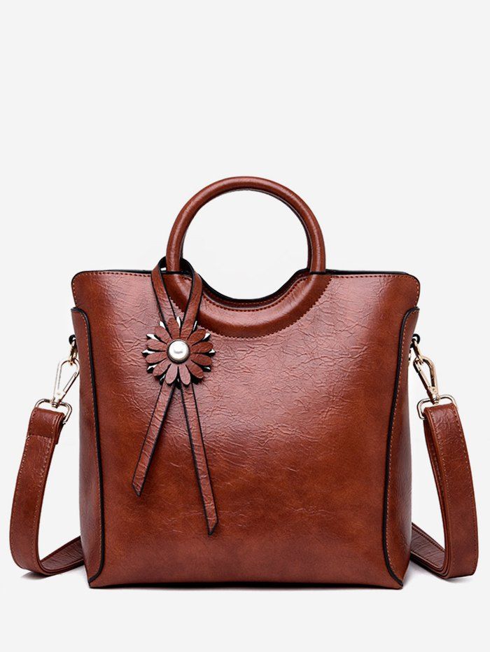 

Flower Embellished Round Shape Handle Tote Bag, Brown