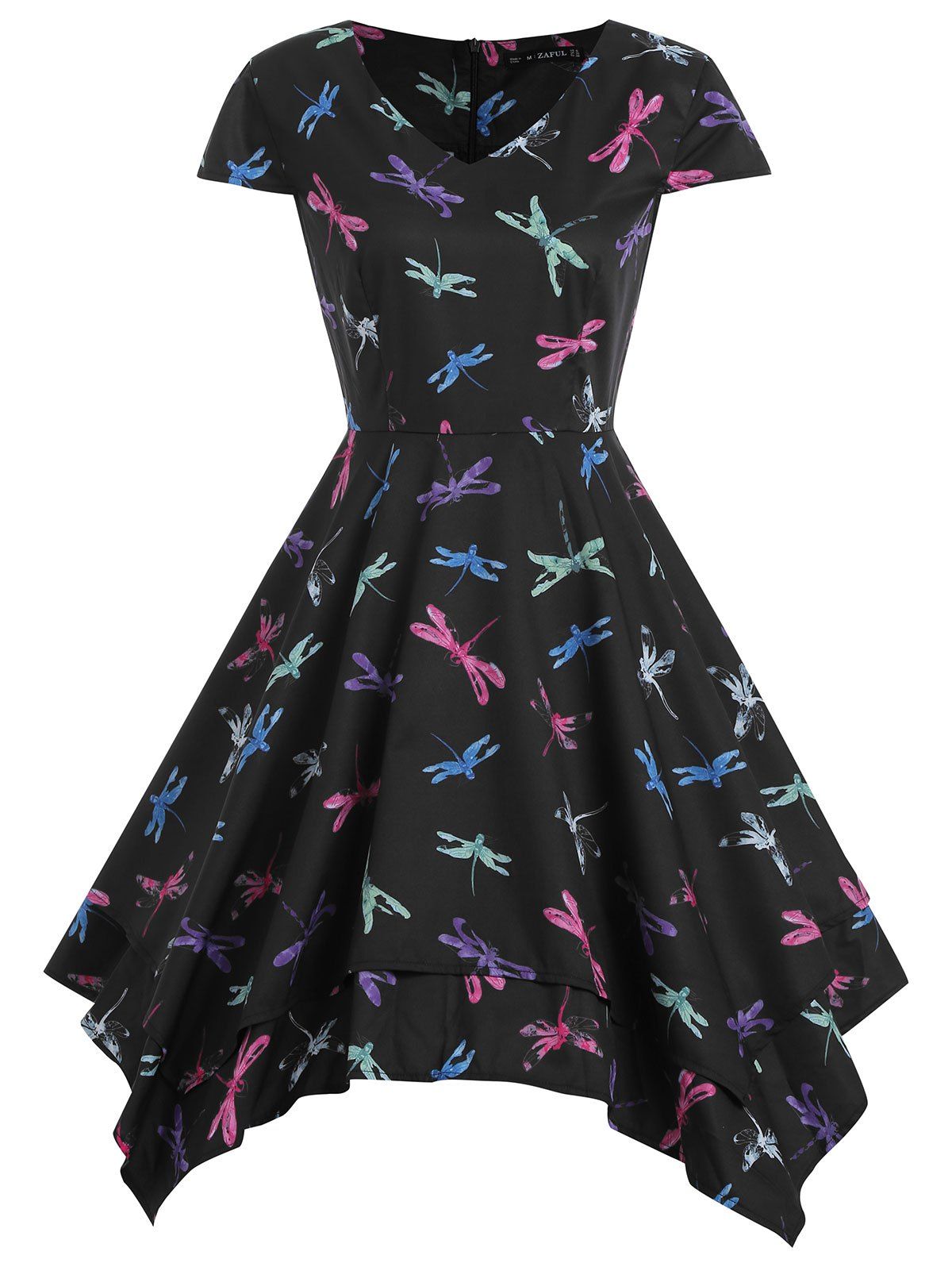 

V Neck Printed Asymmetrical A Line Dress, Black