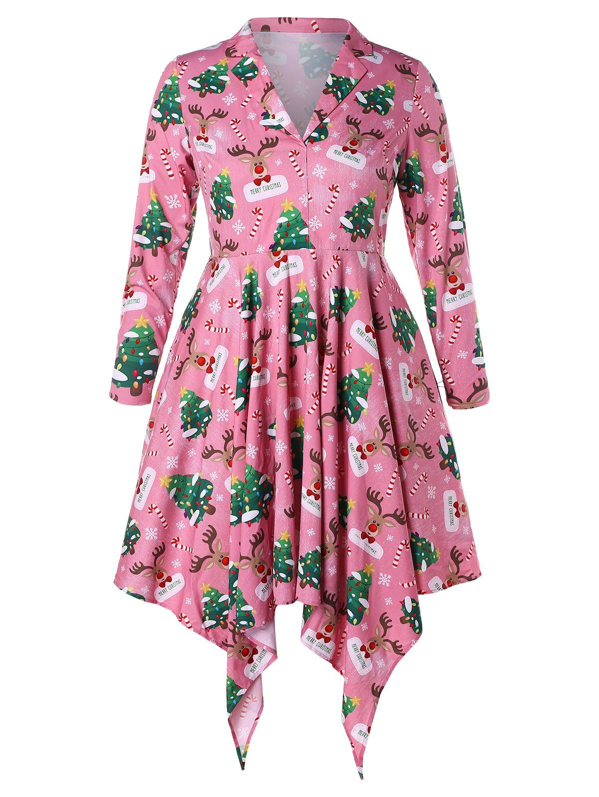 

Plus Size Christmas Tree and Elk Print Irregular Dress, Multi