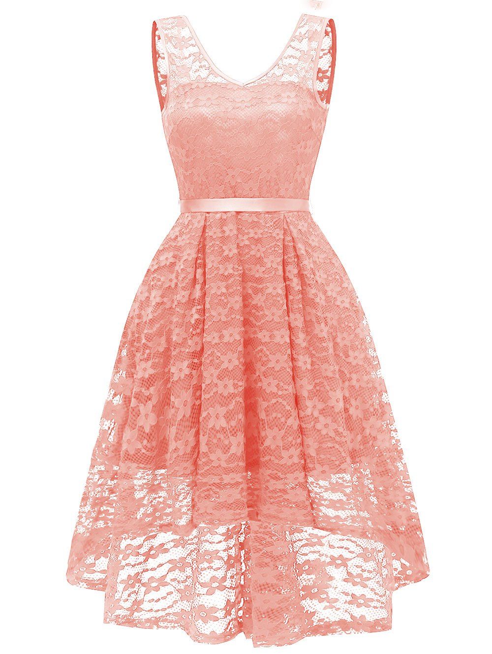 Belted High Low Lace Prom Dress, Pink