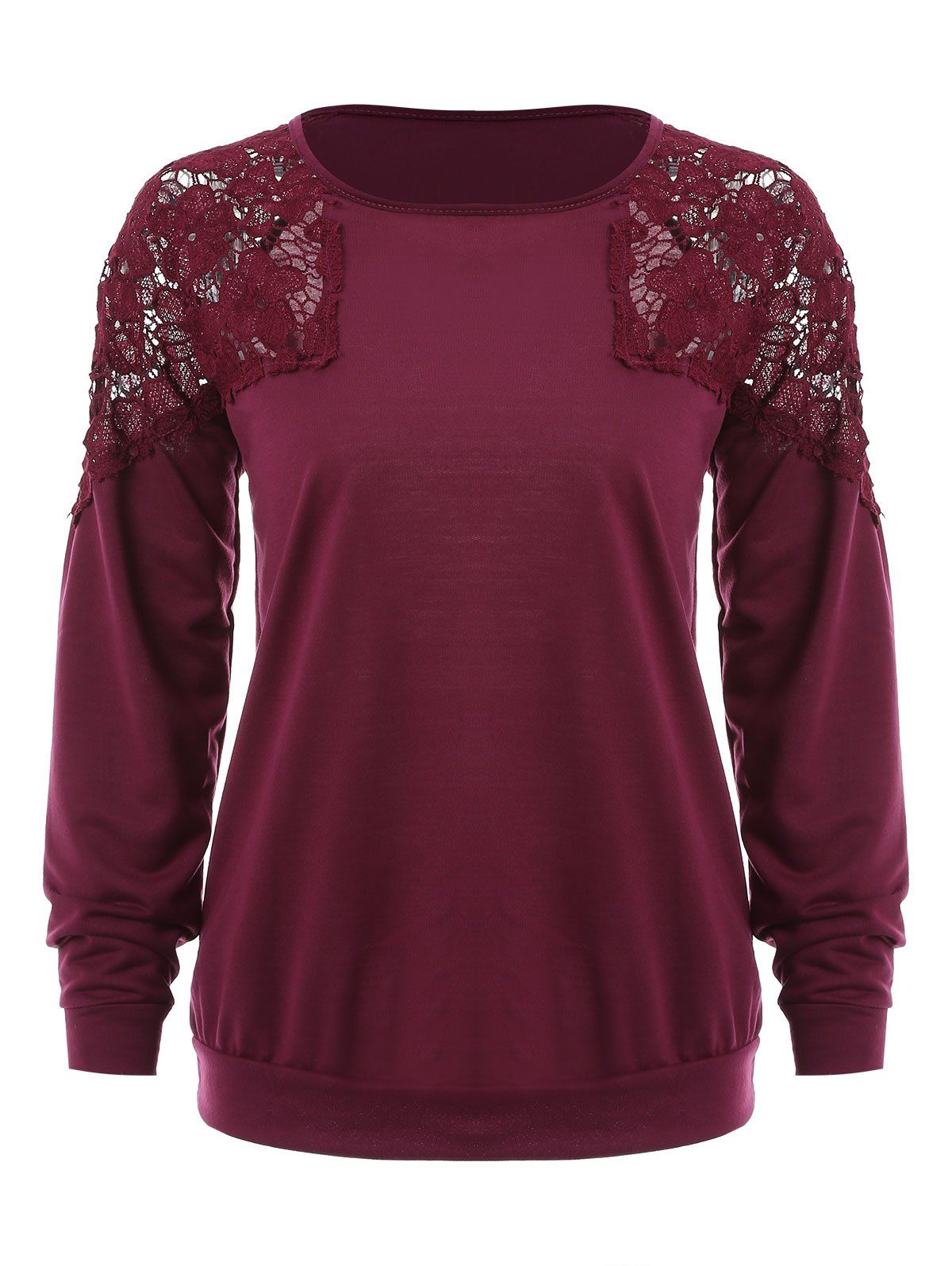 

Hollow Out Lace Panel Sweatshirt, Red wine