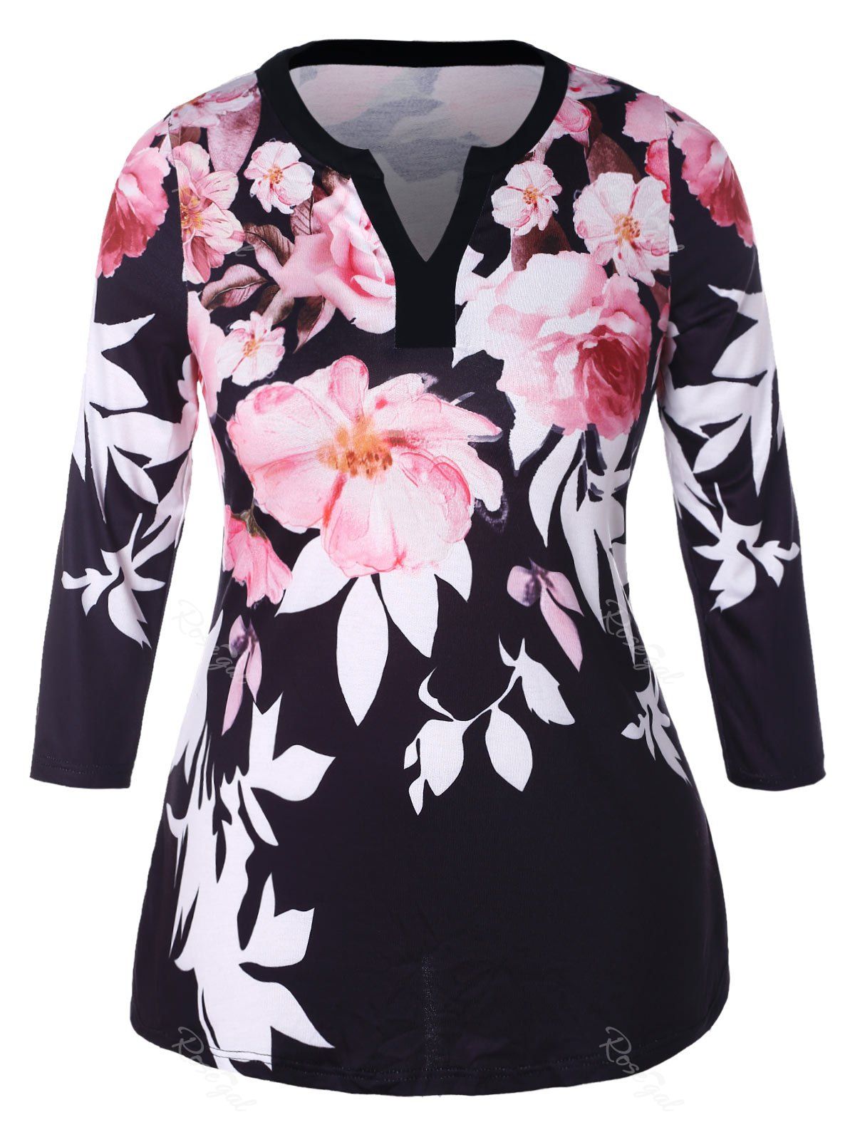 

Plus Size V Neck Floral Printed Tee, Black