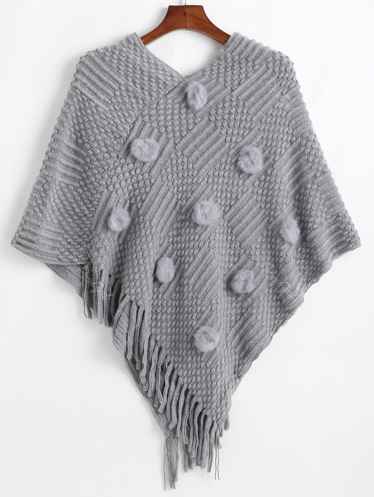 

Plus Size Fringed Sweater Cape with Pompom, Blue gray