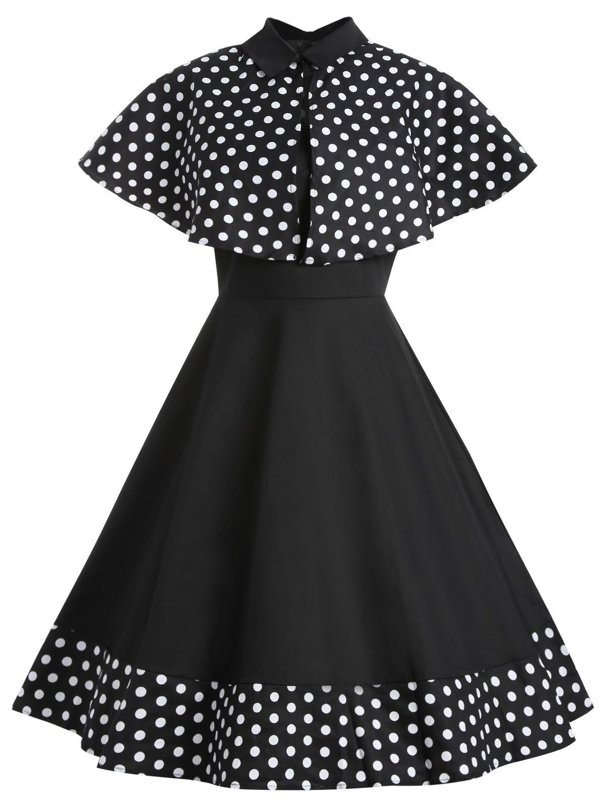 

Polka Dot Vintage Dress with Capelet, Black