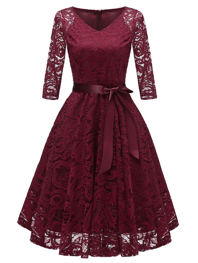 

V Neck Bow Belted A Line Dress, Red wine