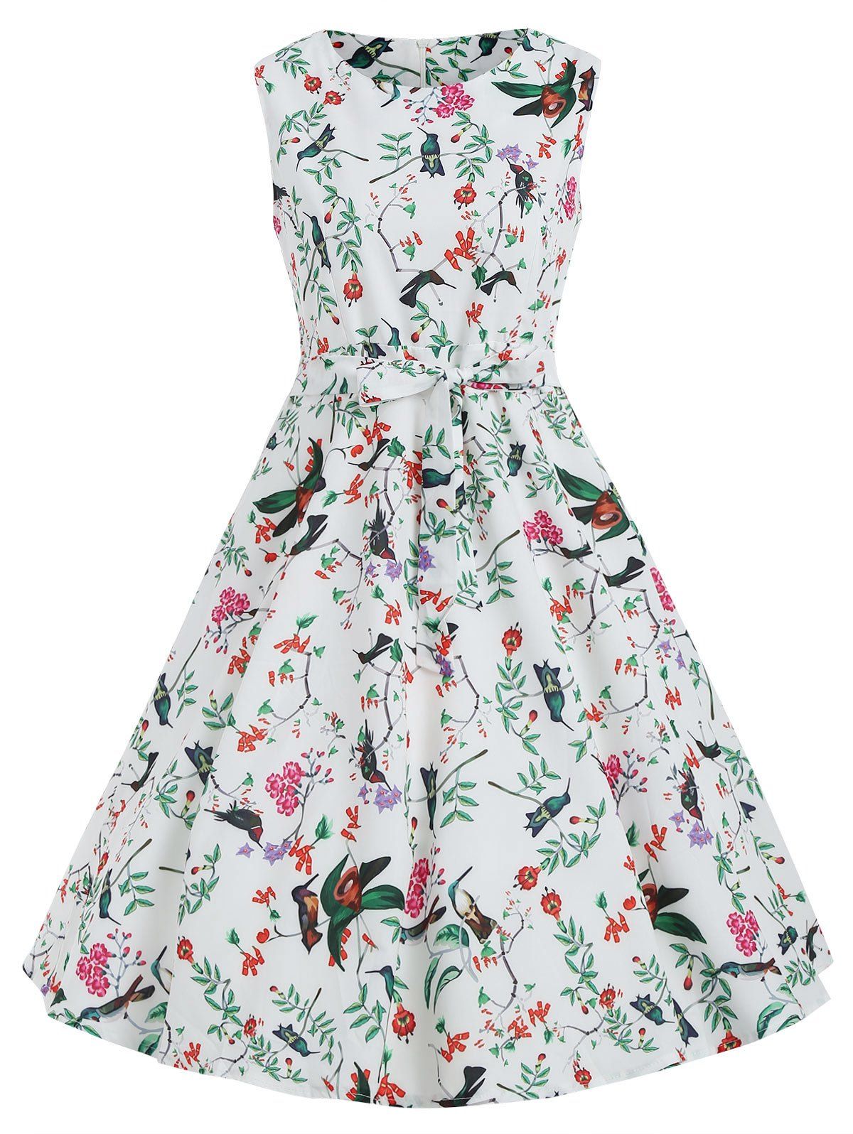 

Birds Print Sleeveless A Line Dress, White