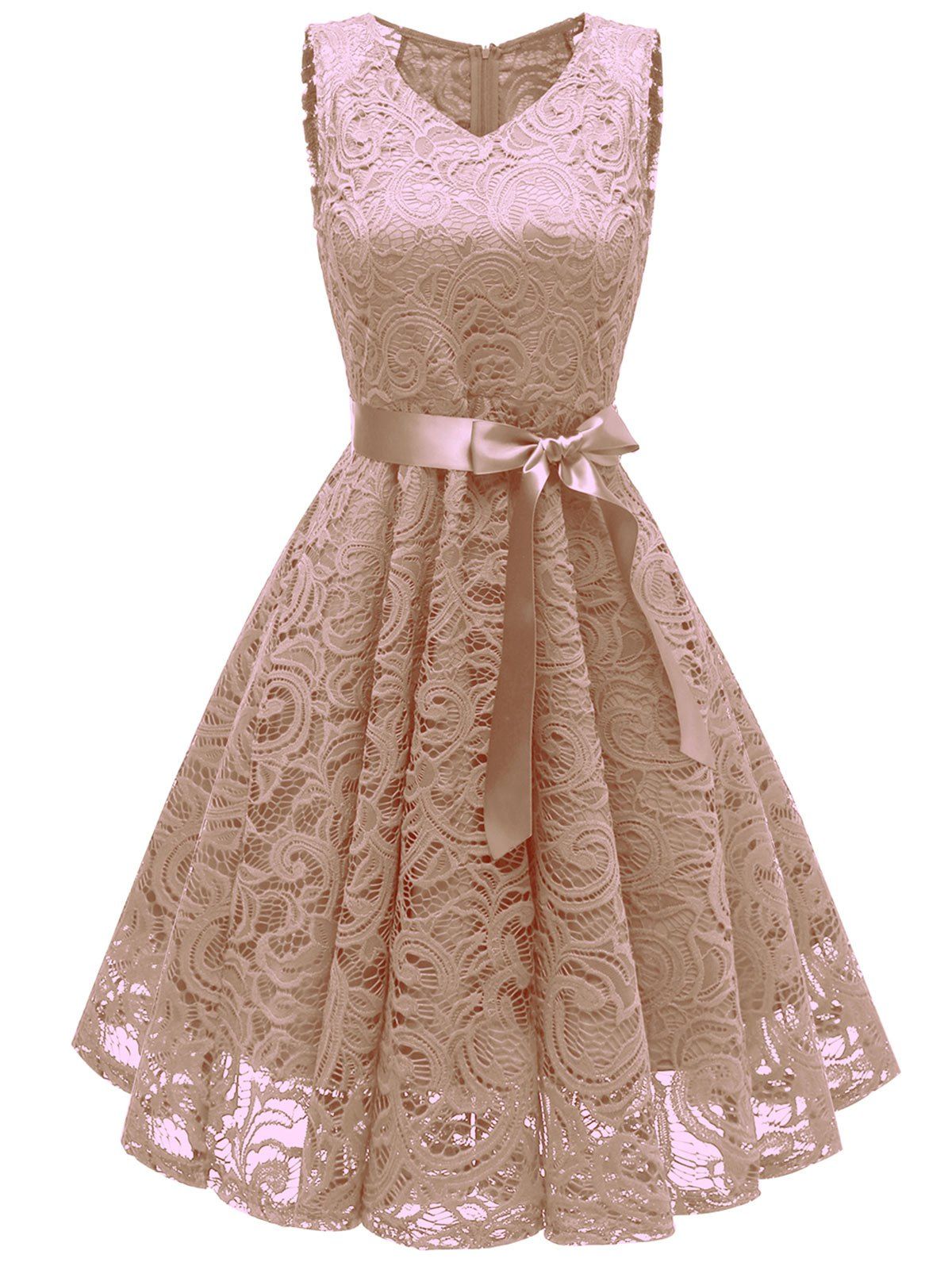 

V Neck Lace A Line Sleeveless Dress, Apricot
