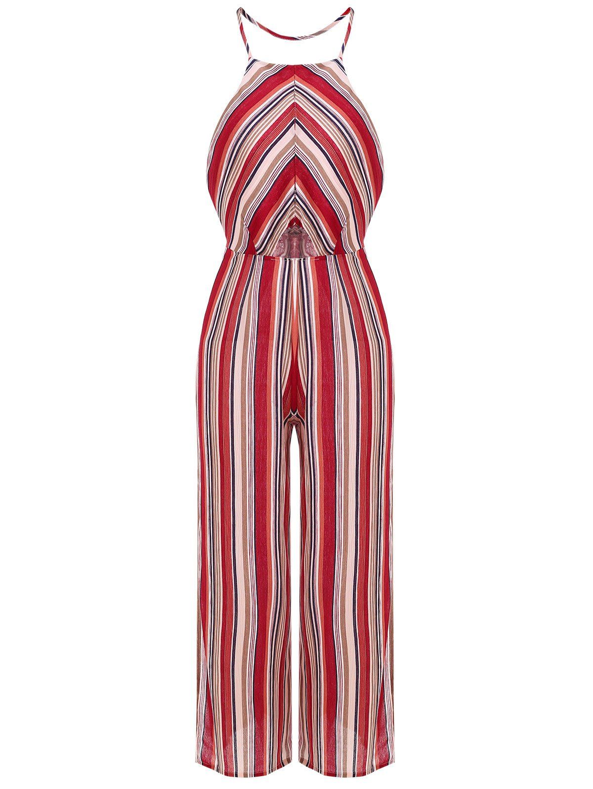 Striped Halter Wide Leg Jumpsuit, Multi