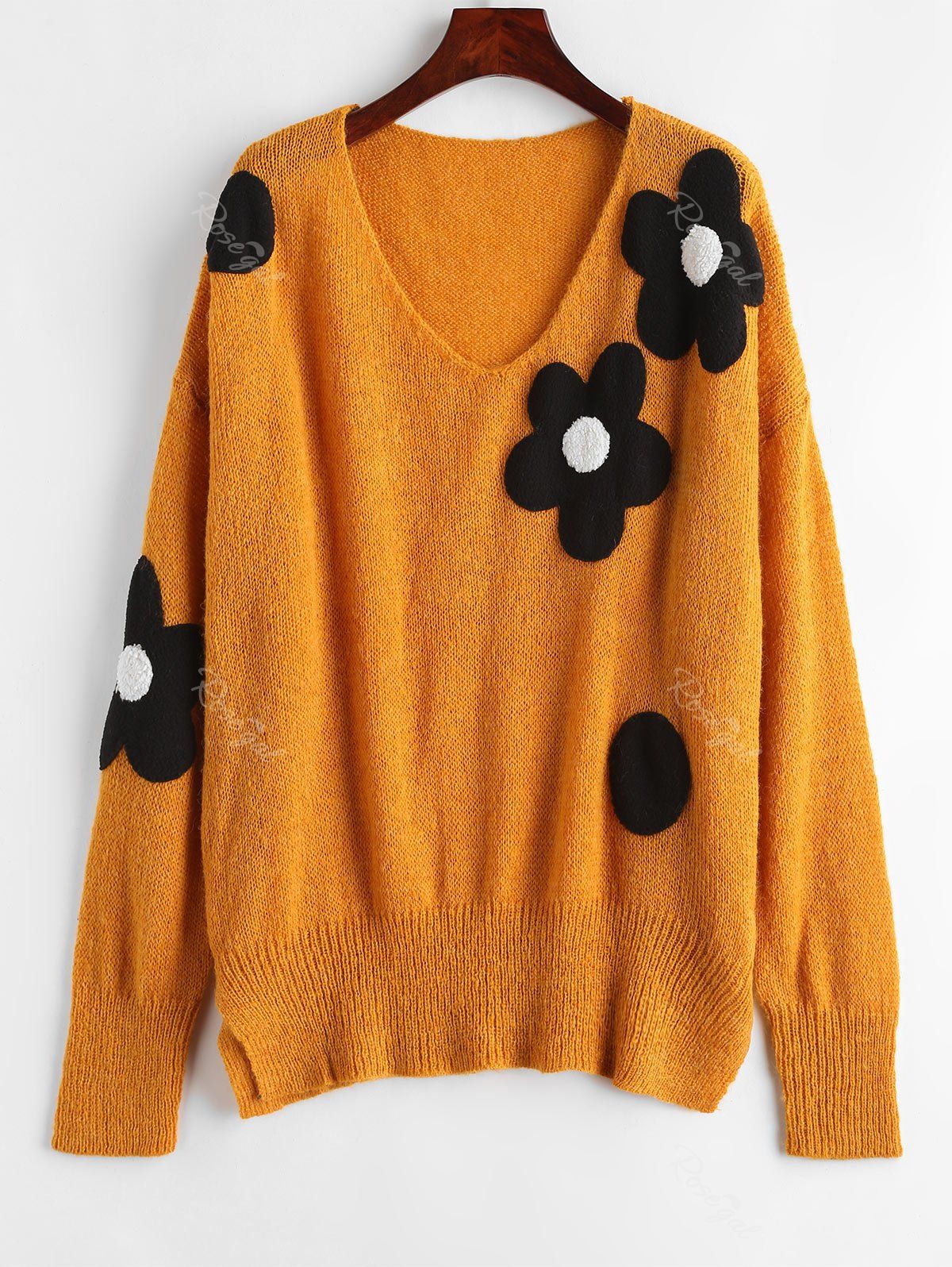 

Drop Shoulder Plus Size Flower Print Sweater, Bee yellow
