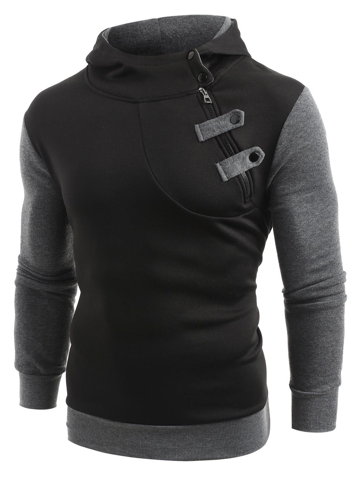 

Top Zip Button Contrast Fleece Hoodie, Black