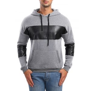 

PU Leather Spliced Pullover Hoodie, Light gray