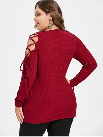 

Plus Size V Neck Cut Out Lace Up Long Sleeves Top, Red wine