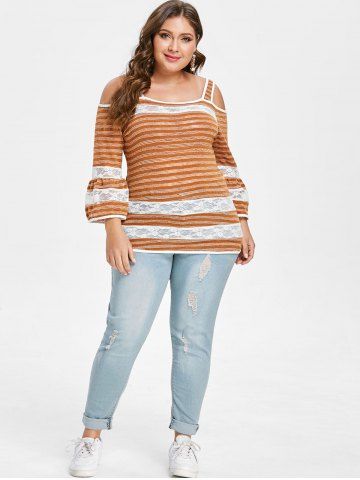 

Plus Size Cold Shoulder Lace Panel Stripe Knitwear, Chestnut red